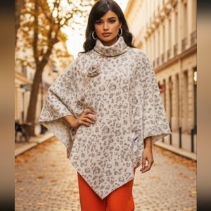 Handmade Shawl Cowl Fleece Poncho Turtleneck Blanket Leopard Print